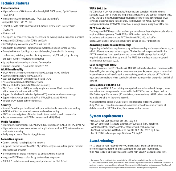 AVM 7390 tech specs